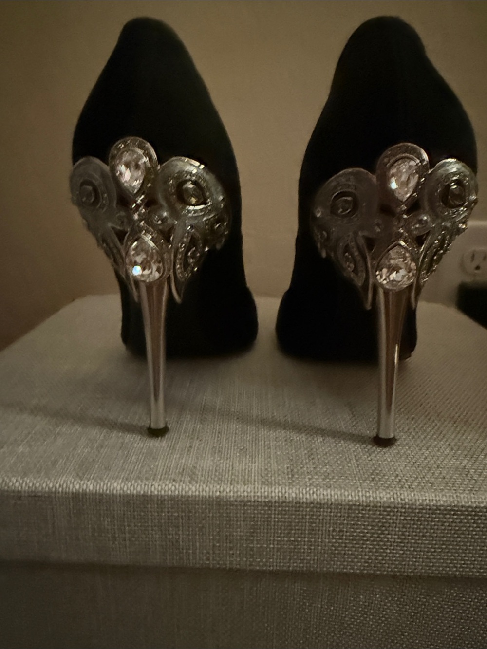 GERARDINA DI MAGGIO 🖤 Black Crystal-Embellished Silver Stiletto Heels
